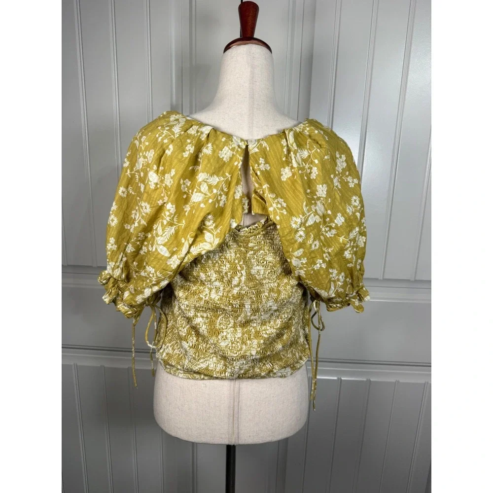 Anthropologie Floral Smocked Blouse Womens XL Yellow Cotton Boho Puff Sleeve Top